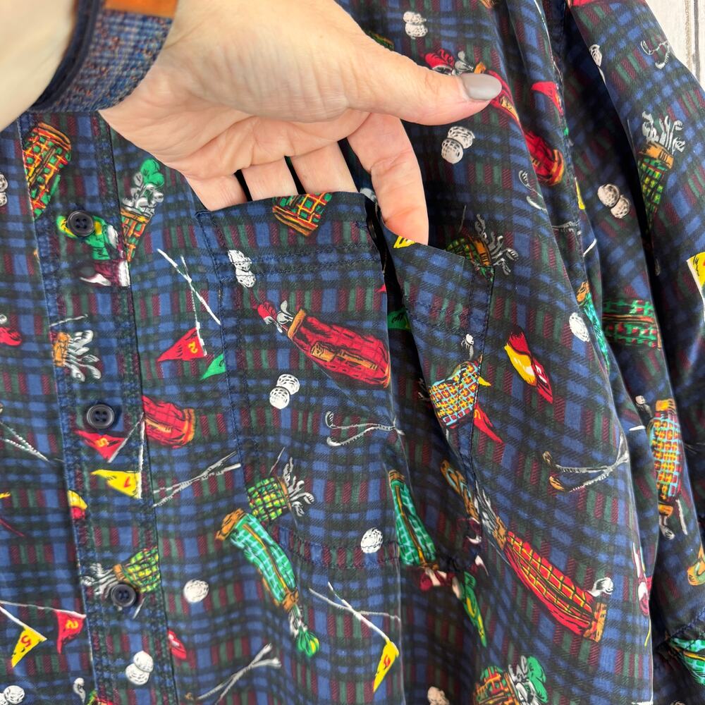 VTG 80's Snow Blue Plaid Washable Silk Golf Clubs Short Sleeve Shirt Size XL - Picture 6 of 13